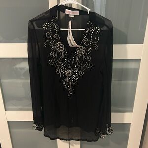 Monique Leshman NWT blk, gold/white sheer swim coverup tunic, beaded. Sz Med